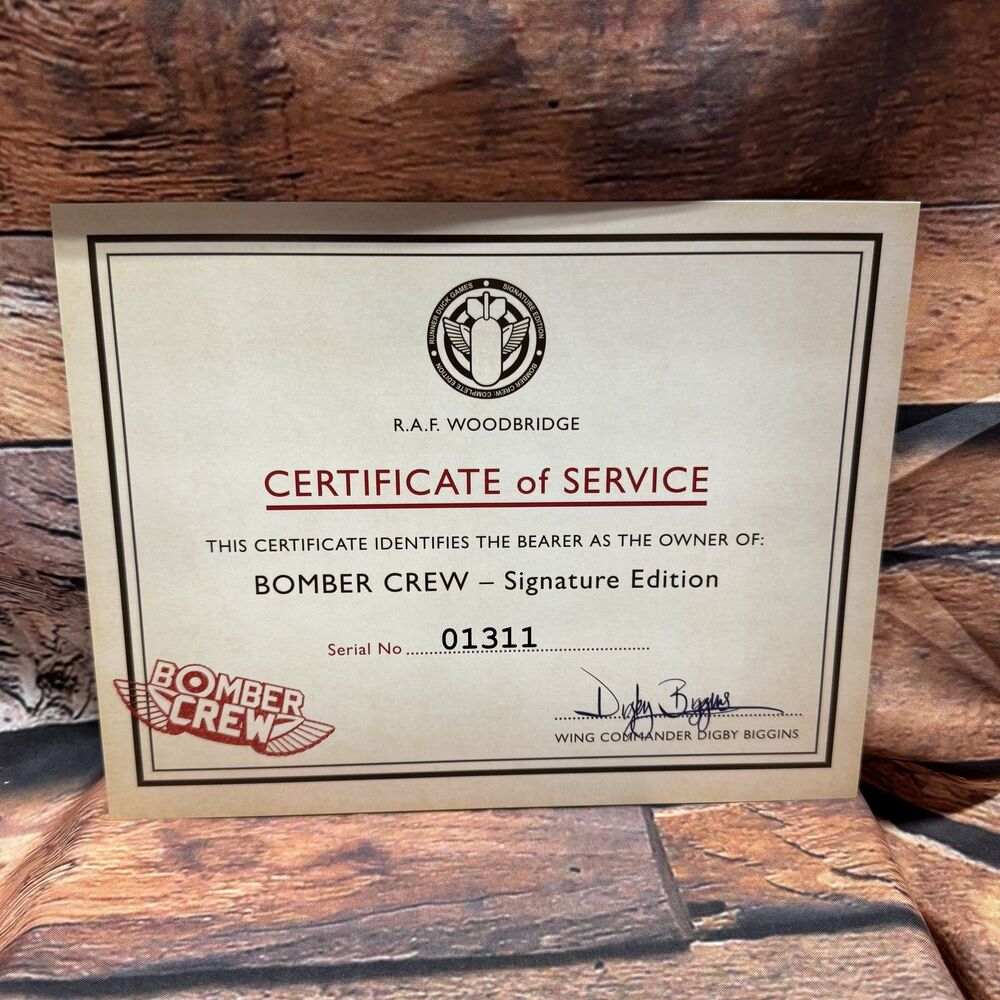 Bomber Crew Signature Edition Certificate of Service Serial No. 01311 Runwind